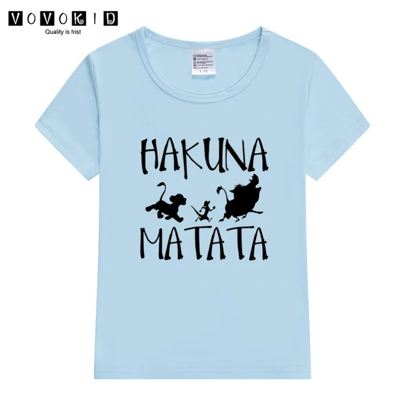 Забавная футболка с героями мультфильмов для маленьких девочек и мальчиков, хакуна матата Детская летняя футболка с изображением короля льва, рубашка на День Благодарения - Цвет: T120B-skyblue