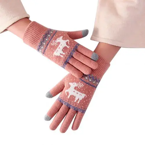 Vintage christmas deer knitted gloves women thicken touch screen gloves winter warm snow Elk full finger mittens christmas gift - Цвет: Pink