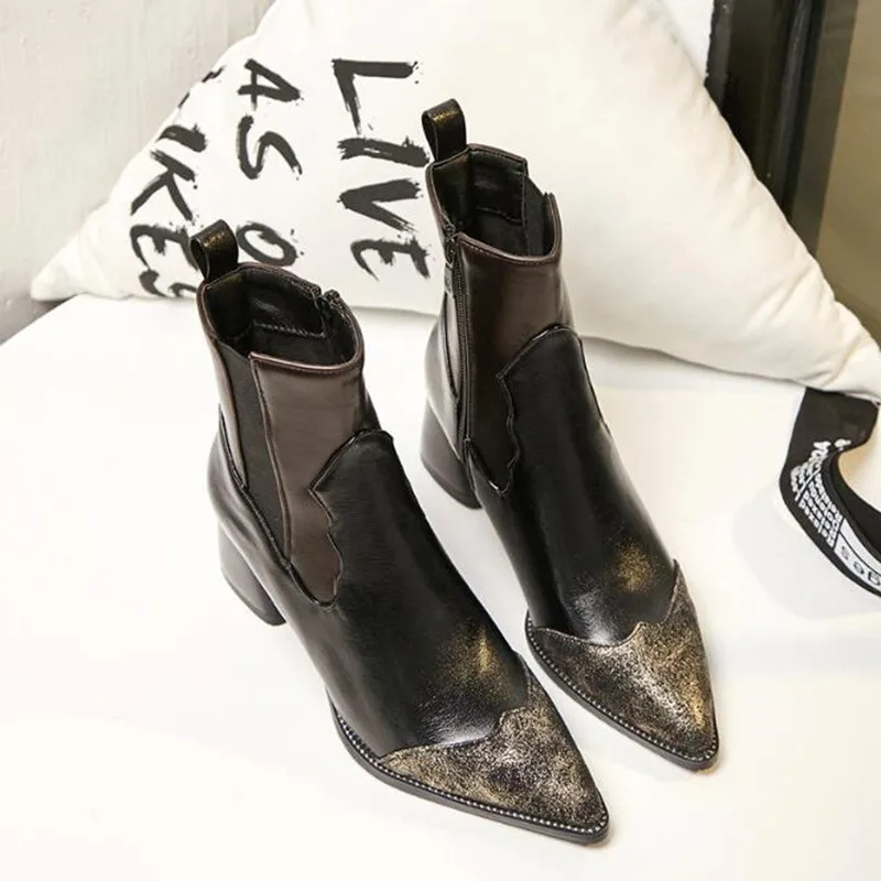 Fashion Point Toes Ankle Boots Thick Heel Women Shoes 2018 Autumn Winte Martin Boots Office Women's Vintage PU Leather Booties