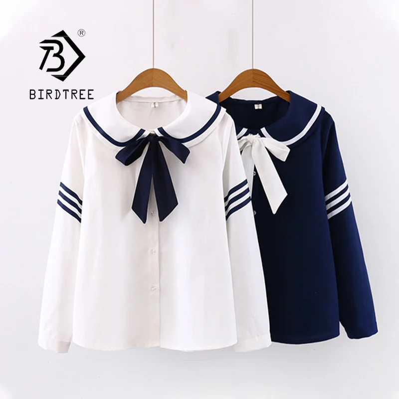 2021 Spring New Women Cotton Sailor Collar Full Sleeve Blouse With Bow
