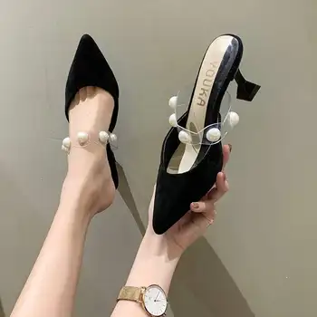 

Pearl slippers female 2020 spring new Korean version of super thin sandals wild fashion sexy pointed stiletto half drag