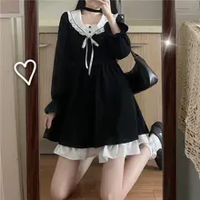 

QWEEK Vintage Kawaii Black Dress Soft Girl Japanese Harajuku College Style Ruffles Falre Sleeve School Student Cute Clothes 2021