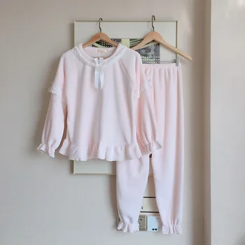 

Thick Warm Flannel Pajamas Sets for Women Winter Long Sleeve Coral Velvet Sleepwear Sweet Princess Homewear Pijama Mujer Clothes