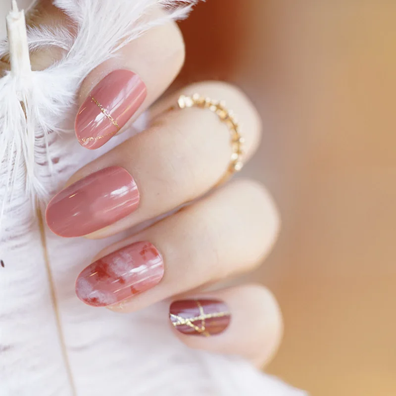 

24pcs/box Fake Nails Flat Russet-red Head False Nails with Designs Stiletto Full Cover ABS Artificial Tips Nail Art Decorations