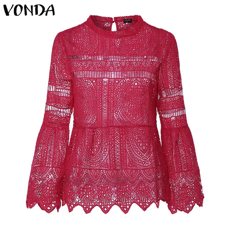 Красный VONDA, женская сексуальная блуза с полым верхом,, повседневная, с длинным рукавом, с неровным подолом, для вечеринки, Blusas, пляжные топы, женская рубашка размера плюс, одежда - Цвет: Красный