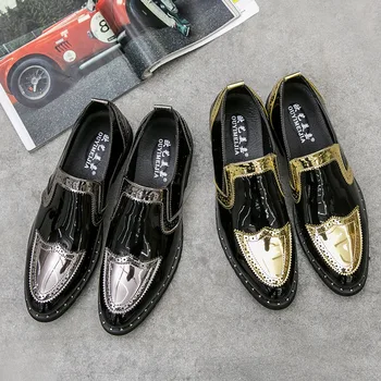 

Cool Fashion Men dress shoes Rivet Black Party Wedding Shoes Pointed toe flats Nightclub stage Shoes Hair Stylist Loafers