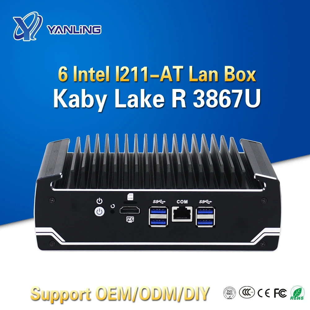 Yanling In stock Intel Celeron 3867U Pfsense Mini PC Dual Core 6 Lan Port Advanced Fanless Linux Firewall Router Support AES-NI |
