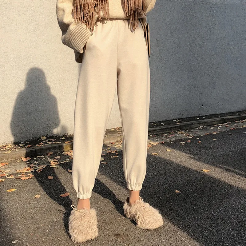 

High Waist Women Harem Trousers Solid Color Leg Fly Pants Casual Drawstring Winter Warm Workwear Carrot Pants N