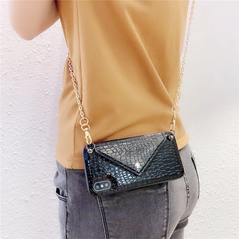 Black-with chain Чехол для телефона с отделением для кредитных карт, кошелек через плечо, длинная цепочка для iPhone 11 pro XS Max 7 8 6s Plus X XR, чехол с текстурой змеиной кожи и ремешком - Цвет: Black-with chain