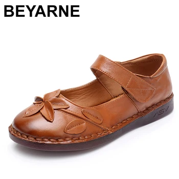 

BEYARNE summer soft breathable cover real leather heel flat sandals women shoes Comfortable applique woman sandals in flat shoes