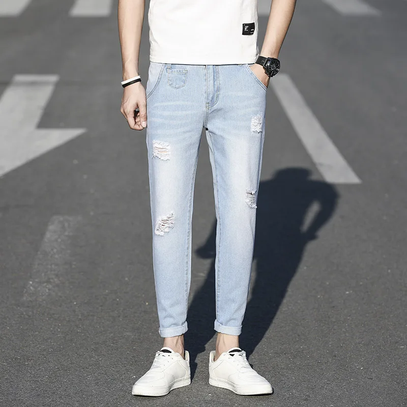 Flash Sale Spring and autumn fashion men's cotton and linen stretch jeans trousers loose holes denim street Korean tight skinny pants