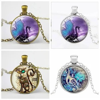 

Vintage Punk Dragon Cat Necklace Steampunk Retro Music Symbol Time Clock Gem Torque Chain Blue Pterodactyl Pendant Collar