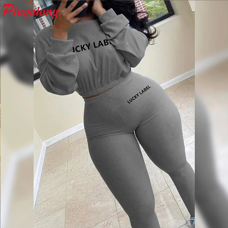 

Plugalong Biker Pants Two Piece Set Matching Sets For Women Letter Print Long Sleeve Tops And Leggings Bodycon Tracksuits Autumn