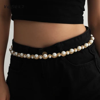 

IngeSight.Z Bohemian Imitation Pearl Harness Waist Belly Chain Sexy Summer Beach Twisted Metal Body Chain for Women Jewelry Gift