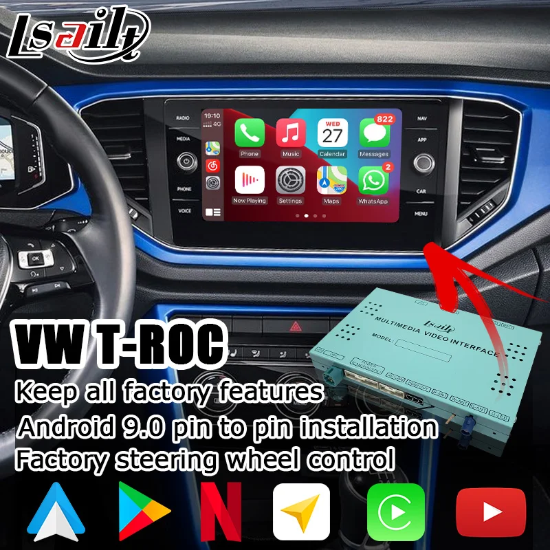 Boîtier d'interface Android / carplay pour Volkswagen T ROC/6.5/8/9.2 ", interface vidéo