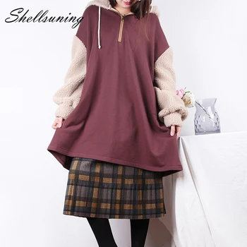 

Shellsuning Vintage Fluffly Hoodie Women Autumn Winter Patchwork Pullover Long Sweatshirt Zipper Lambswool Warm Hoody Female Top