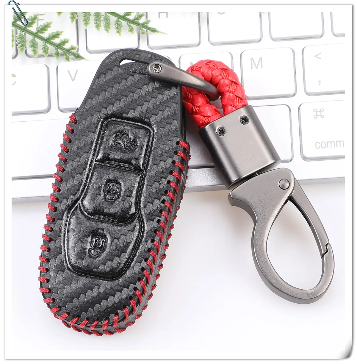 Custodia in pelle di carbonio per auto Smart Remote Key Case copertura protettiva per coperture chiave per Ford Edge Mondeo Mustang portachiavi portachiavi - H68432974ce0d44a49020619a9ec0e35bY