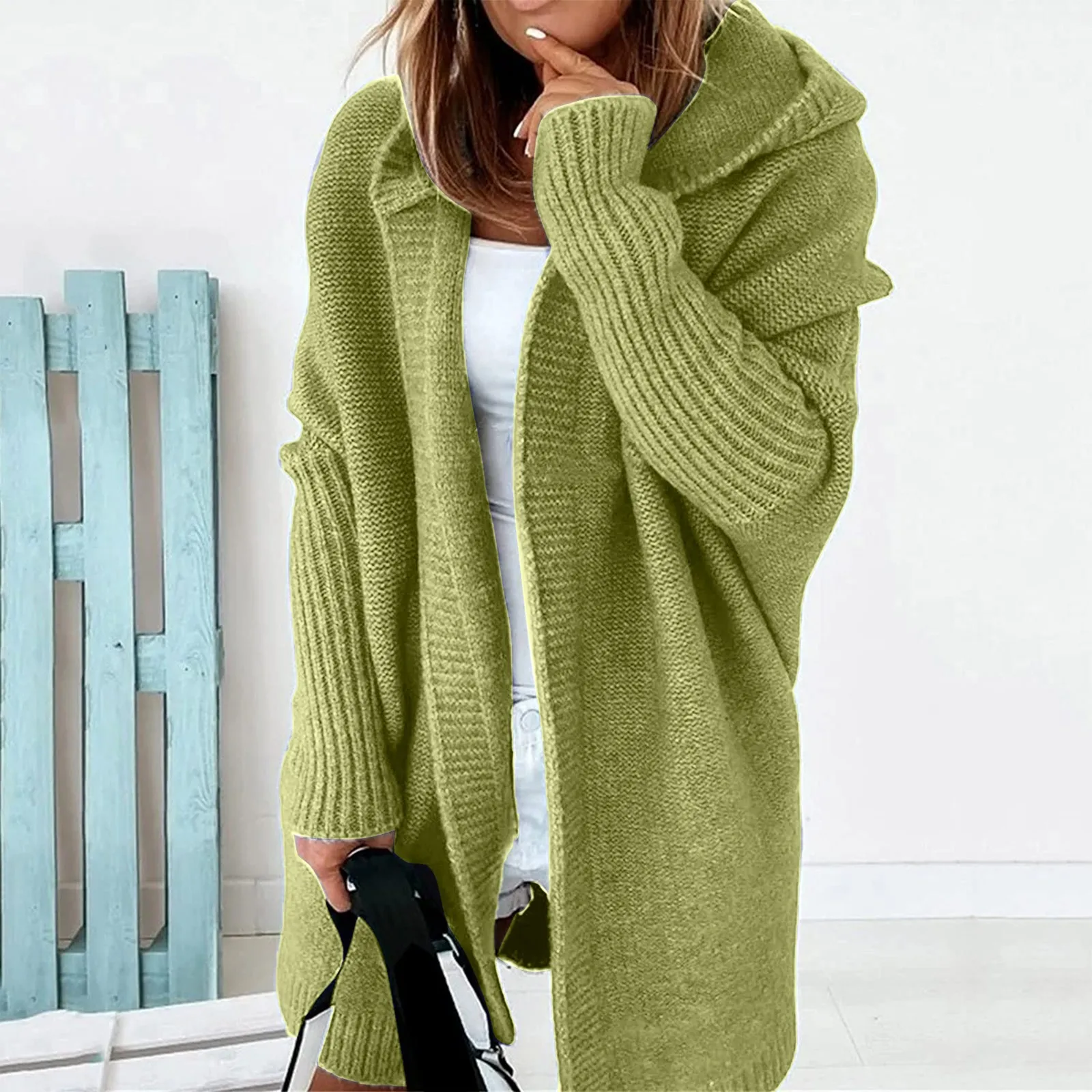 2021 Pure Color Cardigan Sweaters For Women Hooded Cardigans  Open Front Cardigans Stitch Batwing Sweater Knitted Coat Females 1