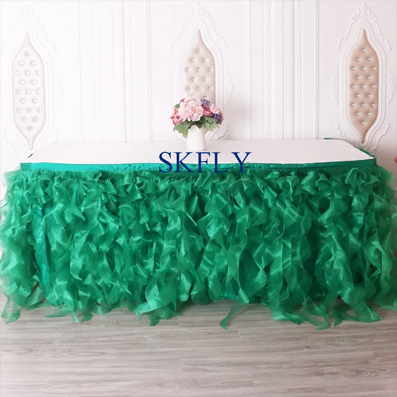SK010D gorgeous new color made wedding dark green organza curly willow table skirt with velcro