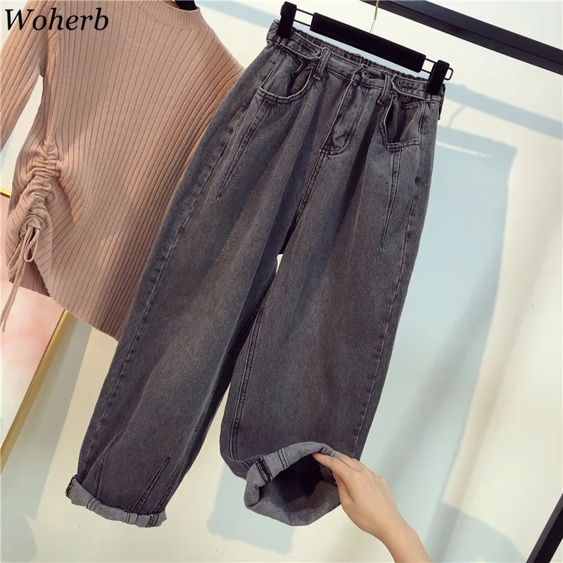 

Woherb New Arrival Solid Color High Waist Jeans Women Plus Size 5XL Casual Loose Denim Pants Fashion Trousers Streetwear 91637
