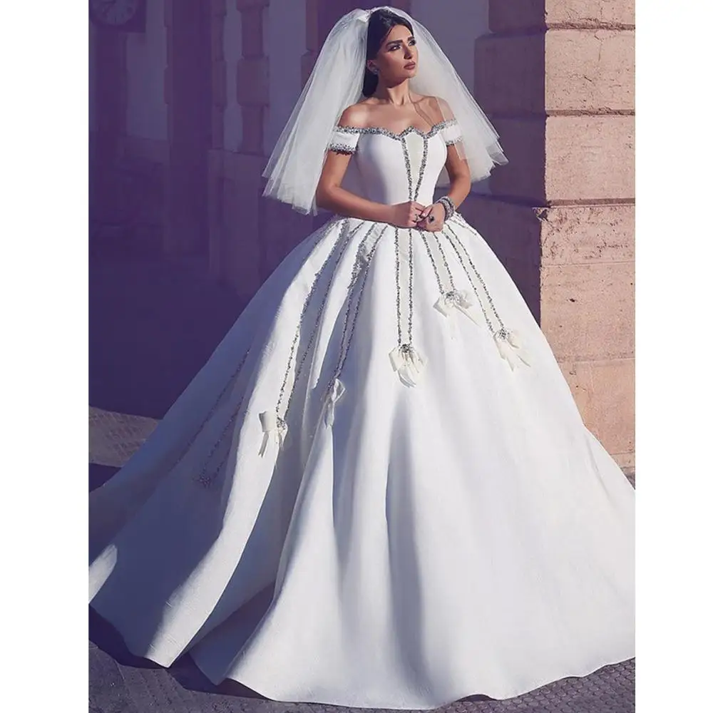 

Romantic White Vestido De Novia Corto Off The Shoulder Beading Crystals With Bows Ball Gown Chapel Train Satin Bridal Wedding