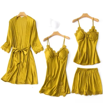 

Women's Sexy Lace Silk Pajamas Fashion Robe Gown Four-Piece Sets Newest Female Nightgown Home Clothing Spring And Summer пижама