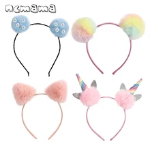 

ncmama Cute Solid Panda Ears Hair Bands For Girls Kids Colorful Fluffy Pompom Ball Headband Fashion Hair Accessories