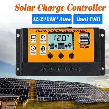 

Upgrade 12V 24V Solar Charge Controller Fully 3-stage PWM Controllers LCD Dual USB 10A/20A/30A Output Solar Panel Regulator