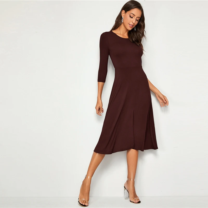 SHEIN однотонное облегающее и расклешенное эластичное элегантное платье для женщин осень 3/4 Длина рукава Высокая талия женские миди платья