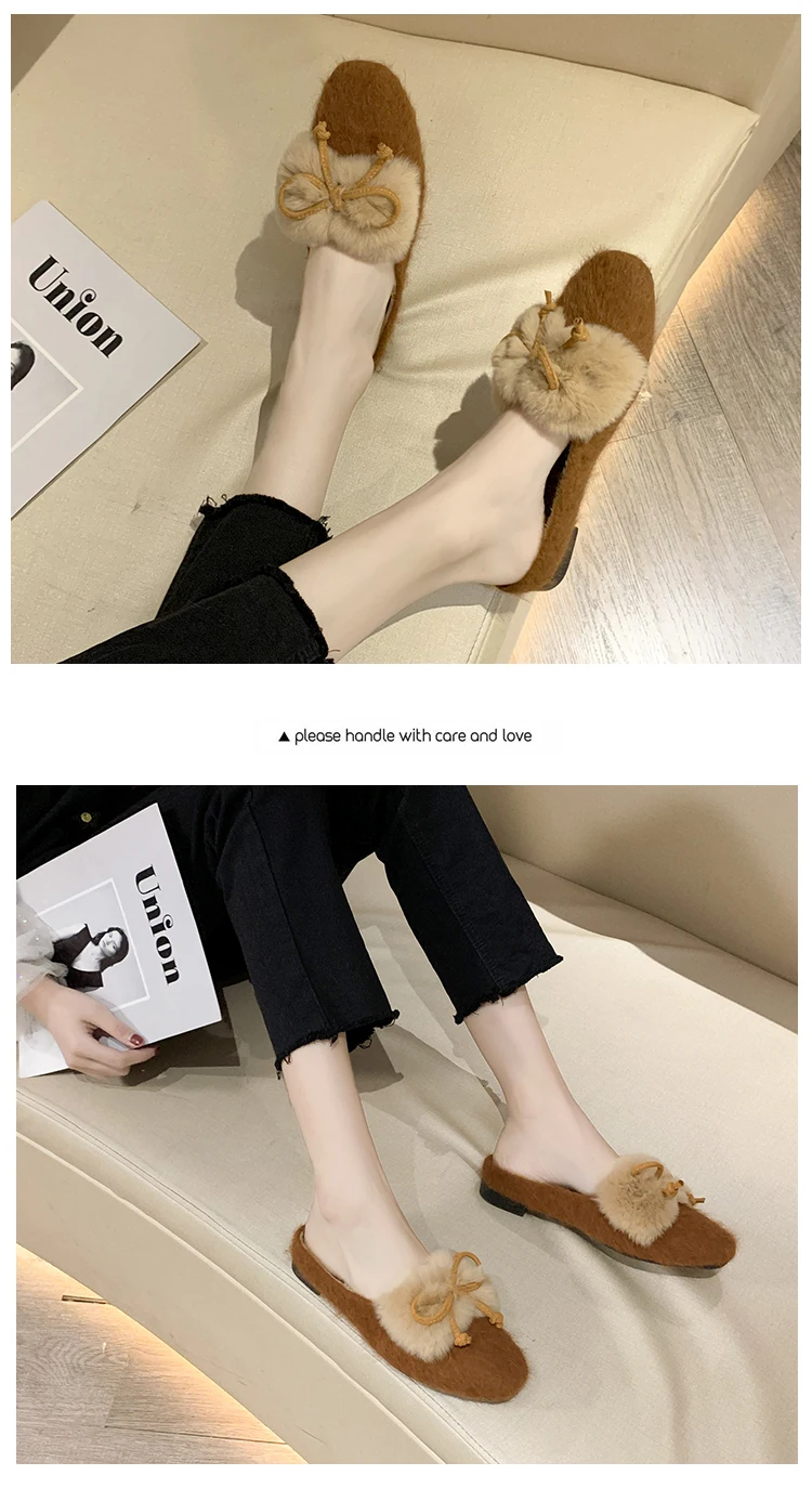 EOEODOIT/меховые тапочки с квадратным носком для женщин; сезон осень; домашняя обувь без задника; женские Тапочки
