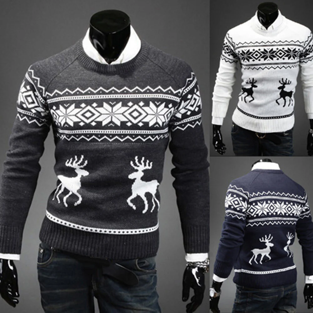 Модный осенне-зимний мужской свитер с высоким воротом и принтом рождественского оленя, повседневный приталенный брендовый вязаный мужской свитер