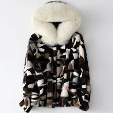 Aliexpress - Autumn Winter New Multicolour Fox Fur Collar Hooded Mink Coat Women Mink Fur Grass Jacket Printed  Zipper Splicing Soft Outwear