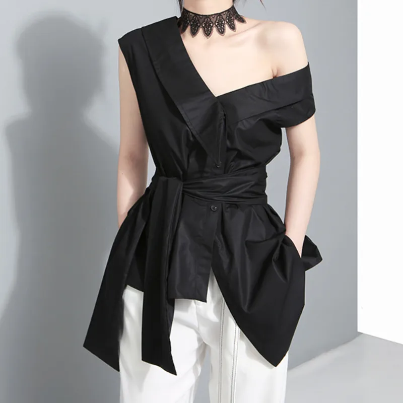 

XUXI Loose And Irregular Binding Bandwidth Shirt Sexy Strapless Short-Sleeves Fashion Oblique Shoulder Summer 2020 FZ2892