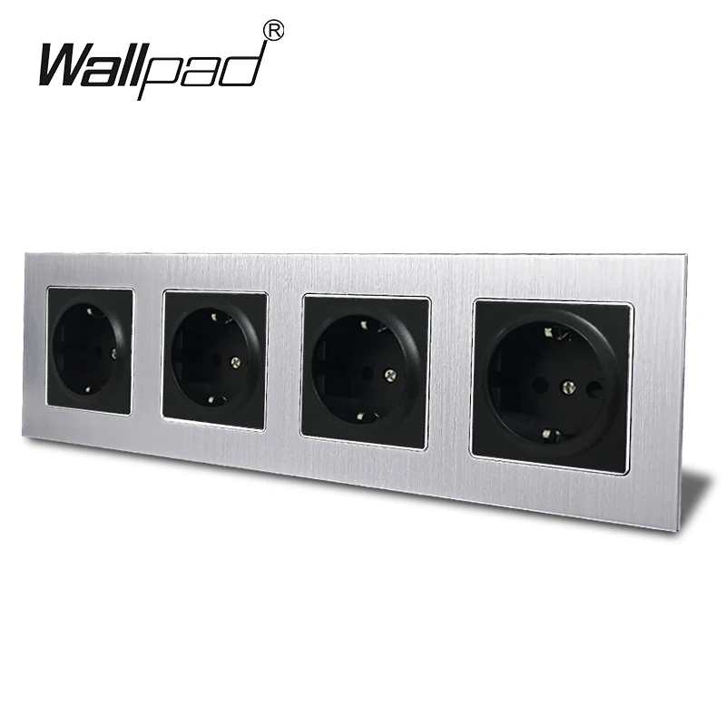 4 Way EU Power Socket Wallpad 300*86mm Silver Metal Frame Quadruple 16A Wall EU Schuko Wall Socket with Claws for Round Box