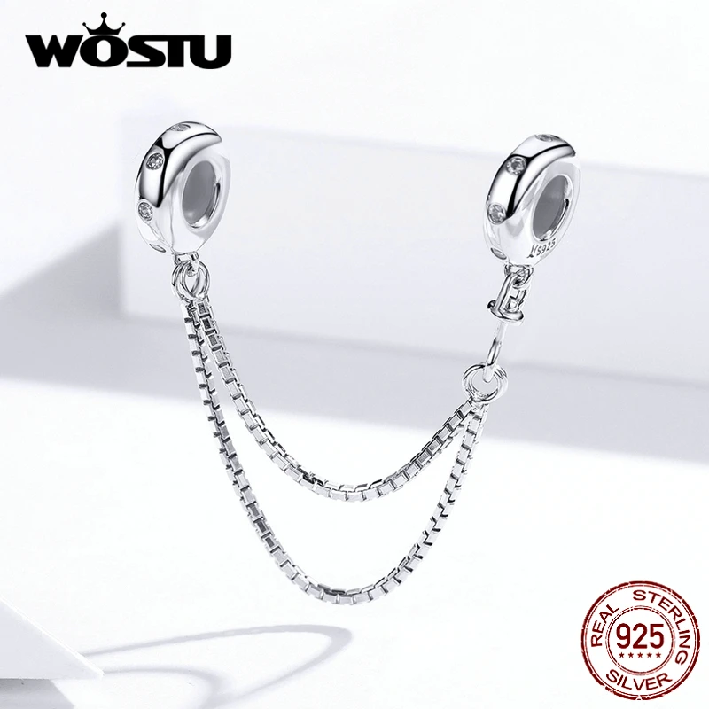 WOSTU, 925 пробы, серебряная силиконовая безопасная цепочка, шарм, подходит для оригинального браслета, подвеска, циркон, серебро, Простые Ювелирные изделия DXC1419