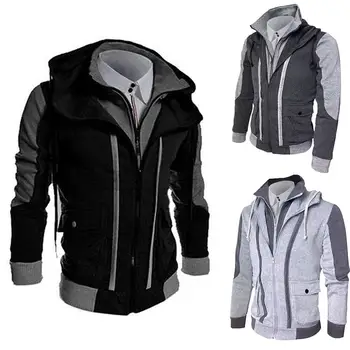 

Men Autumn Winter Zip Hooded Thick Warm Fake Two Pieces Sports Sweatshirt Coat Men's standing neck round neck jacket