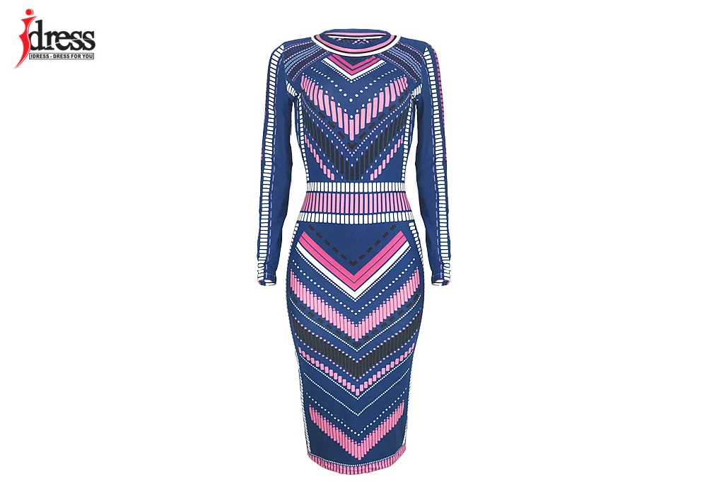 IDress Long Sleeve Winter Dress Women Sexy Striped Printed Autumn Winter Knee Length Bandage Evening Party Bodycon Casual Dress (2)