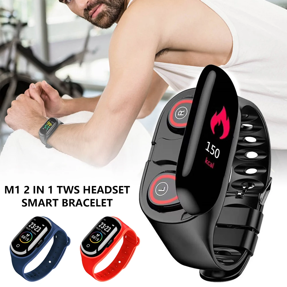 

M1 Newest 2 In 1 AI Smart Watch With Bluetooth Earphone Heart Rate Monitor Smart Wristband Long Time Standby Sport Watch Men