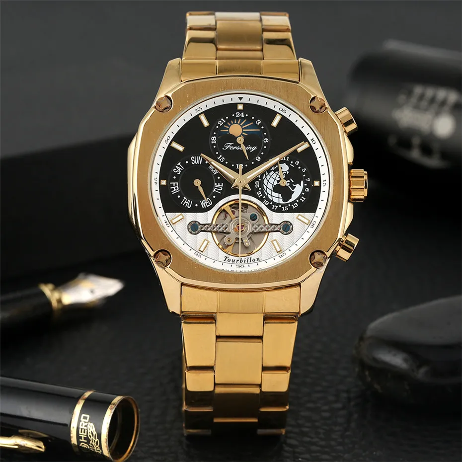 

Golden Stainless Steel Calendar Design Tourbillon Mechanical Watch Luxury Automatic Men's Watch Folding Clasp Male Wristwatches