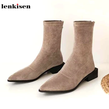 

Lenkisen popular online star stretch boots flock pointed toe med heels back Zipper solid keep warm winter women ankle boots L50