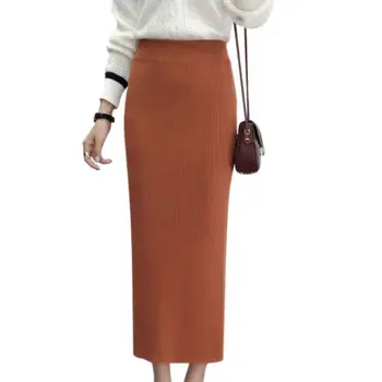 

2020 Autumn Winter Women Elastic High Waist Solid Color Wild A-line Word Knit Long Paragraph Skirt New