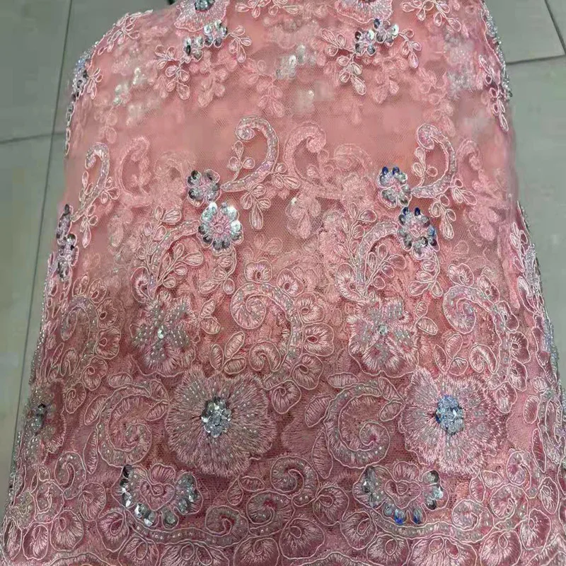 

Super nice pink thread embroidery fabric French tulle net lace /Pink beads African fabric lace For Evening dress wedding dress