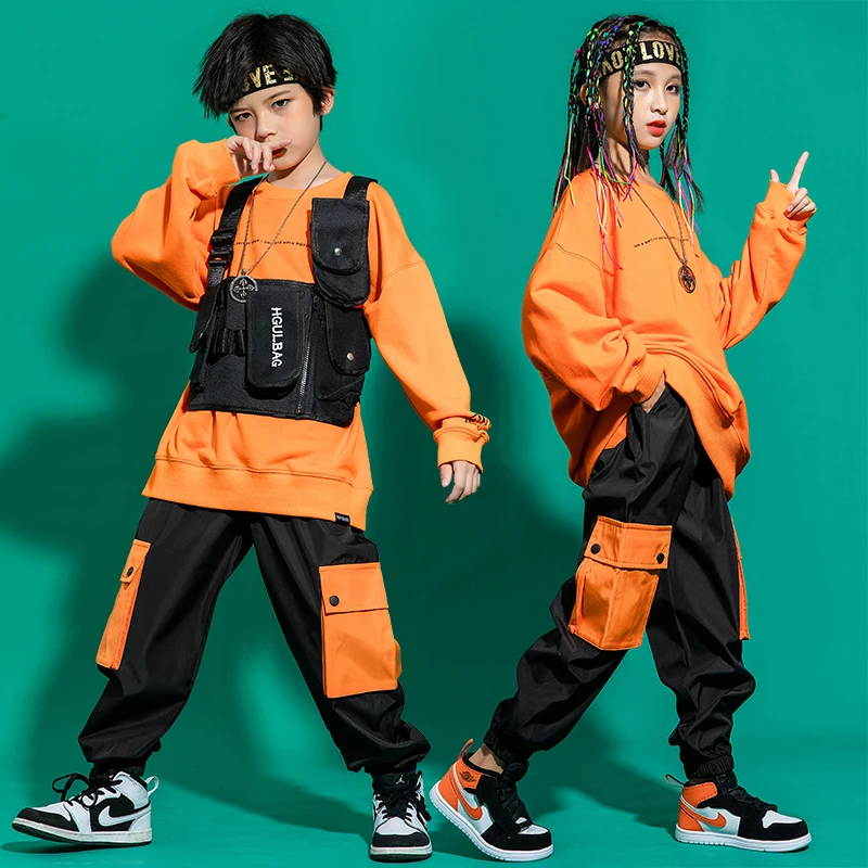 Ropa de Hip Hop para niños y niñas, sudadera con pantalones, traje de Hip Hop naranja, traje de baile ropa Rave, BL5524, novedad de 2021 - AliExpress Novedad y uso especial