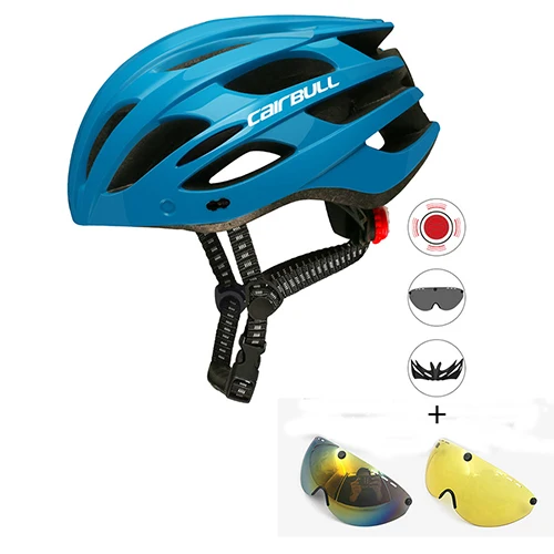Cairbull Light Cycling Helmet with Removable Visor Goggles Bike Taillight Intergrally-molded Mountain Road MTB Helmets 226g - Color: blue with 3 lens
