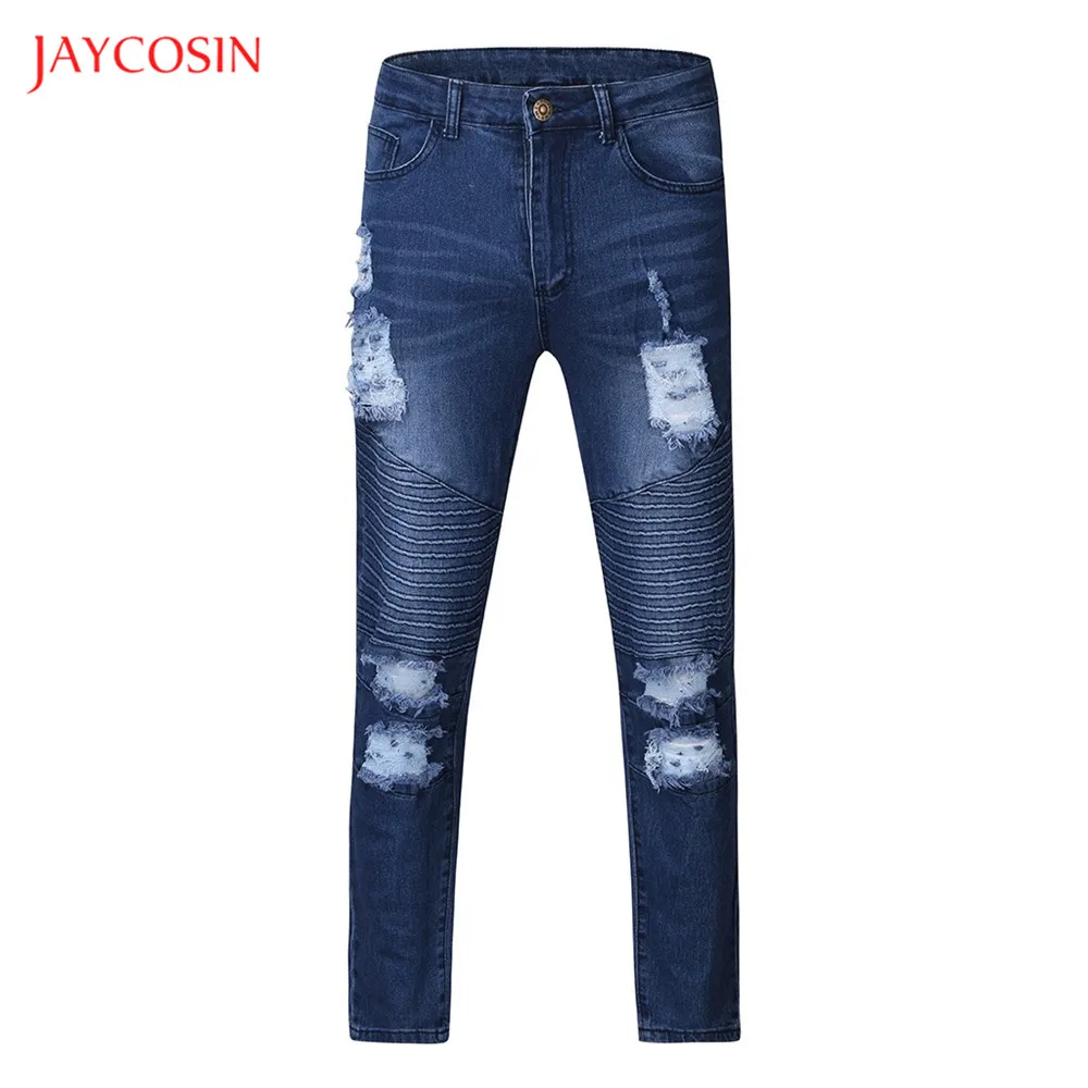 Jaycosin, джинсовые мужские брюки,, повседневные, модные, промытый, плиссированный, с дырками, на пуговицах, обычные, узкие джинсы, синие, облегающие