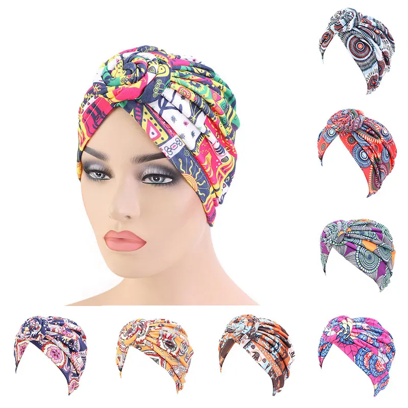 

New Fashion Muslim Turban Floral Print Head Cover Round Sleep Hat Top Knotted Night Cap Bonnet Women Headscarf Hair Accessories