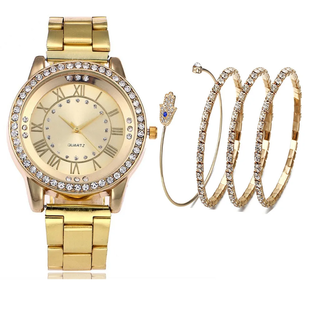 

Fashion Luxury Diamond Set Steel Belt Quartz Watch + Bracelet Set (5 Pieces)