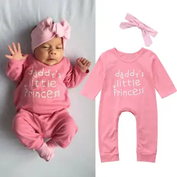 

Toddler Newborn Baby Girl Letter Long Sleeve Pink Romper Kids Autumn Jumpsuit Clothes Headband Outfit Sets