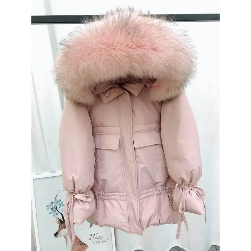 

2019 Women Sweet Lace Up Flare Sleeve Jackets Thick Down White Duck Down Warm Coats Real Fox Fur Collar Hooded Parkas