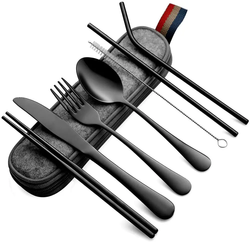Silver Portable Stainless Steel Flatware Set Travel Camping Cutlery Set Portable Utensil Travel Silverware Dinnerware Set with a Waterproof Case